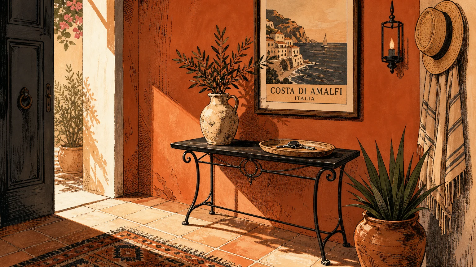 A stylized gouache illustration of an entryway with terracotta walls, a black console table, and warm light casting long shadows.
