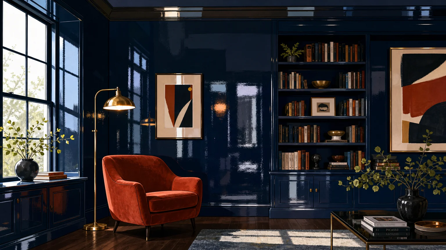 A stylized illustration of a room with dark navy glossy walls that reflect light and furniture like a mirror.