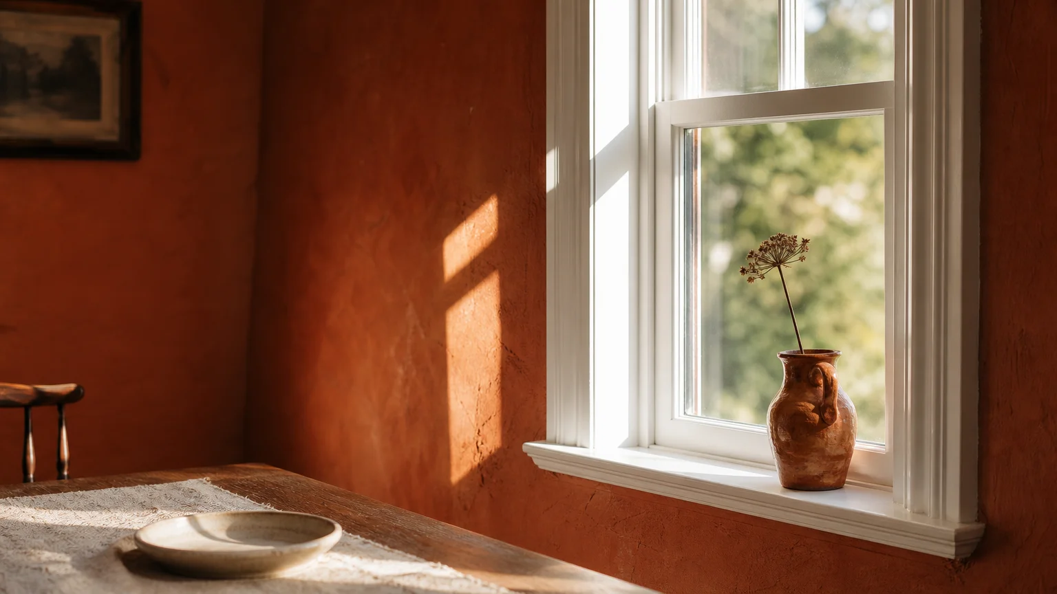 A sun-drenched breakfast nook featuring warm terracotta plaster walls and a window framed in thick, crisp white trim.
