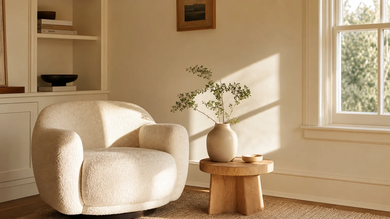 A sunlit room corner painted in luminous warm white, featuring a cream bouclé lounge chair and a light oak side table under soft morning lig