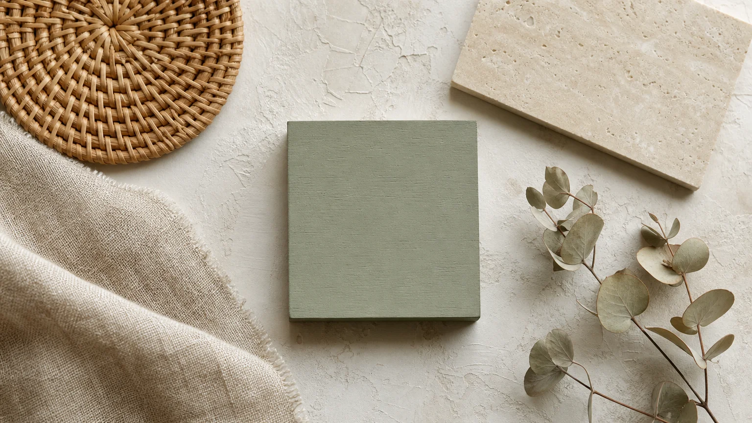 A tactile mood board featuring a sage green paint sample, woven rattan, natural linen fabric, and a limestone tile.