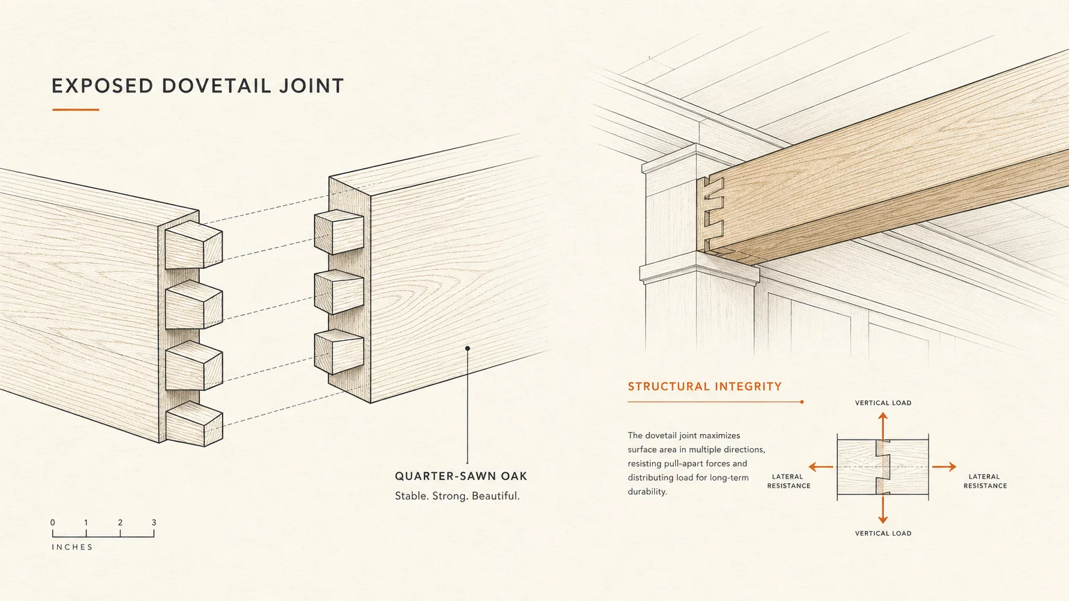 A technical diagram showing the exploded view of a dovetail joint and a quarter-sawn oak beam with clear labels.