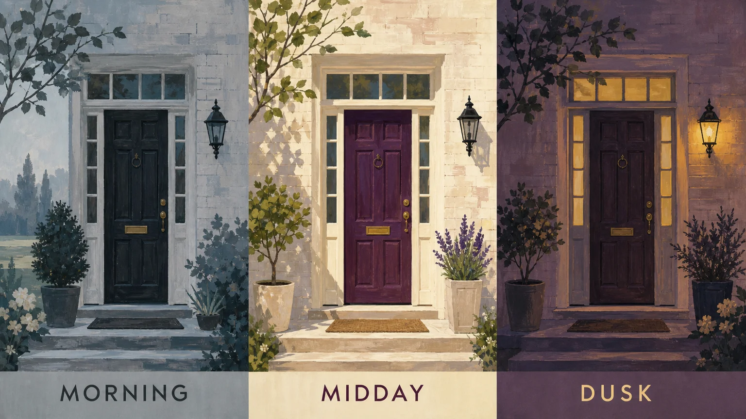 A three-panel illustration showing how an aubergine door changes from black in the morning to plum at midday to dark purple at dusk.