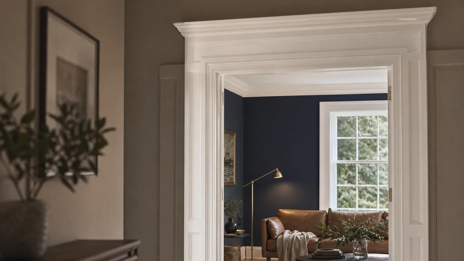 A transition view from a greige hallway into a dusty navy living room, framed by a thick, classical white wooden door casing.