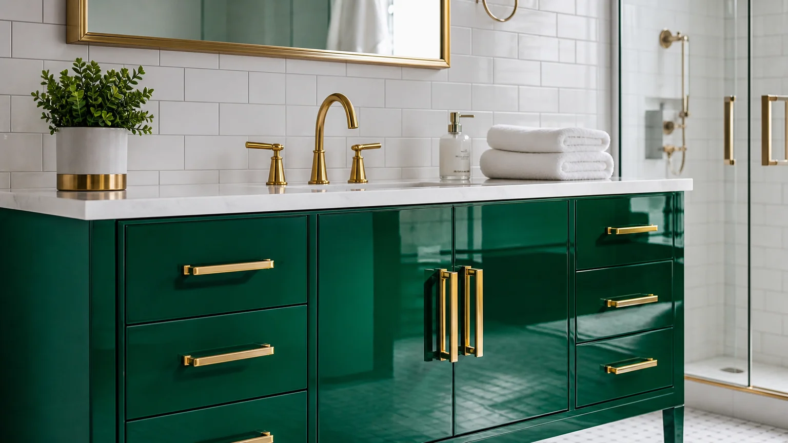 A vibrant emerald green lacquered bathroom vanity with gold handles and a white countertop.