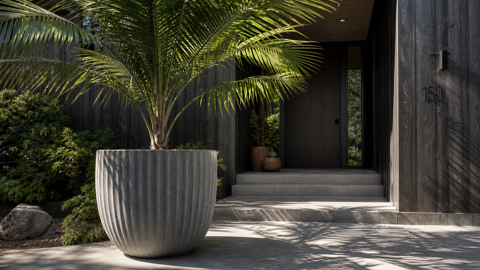 A vibrant majesty palm in a fluted concrete planter sits on a modern porch with dark wood siding.