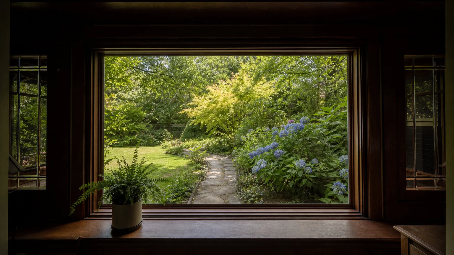 A view through a dark wood window frame looking out onto a bright, lush green garden path.