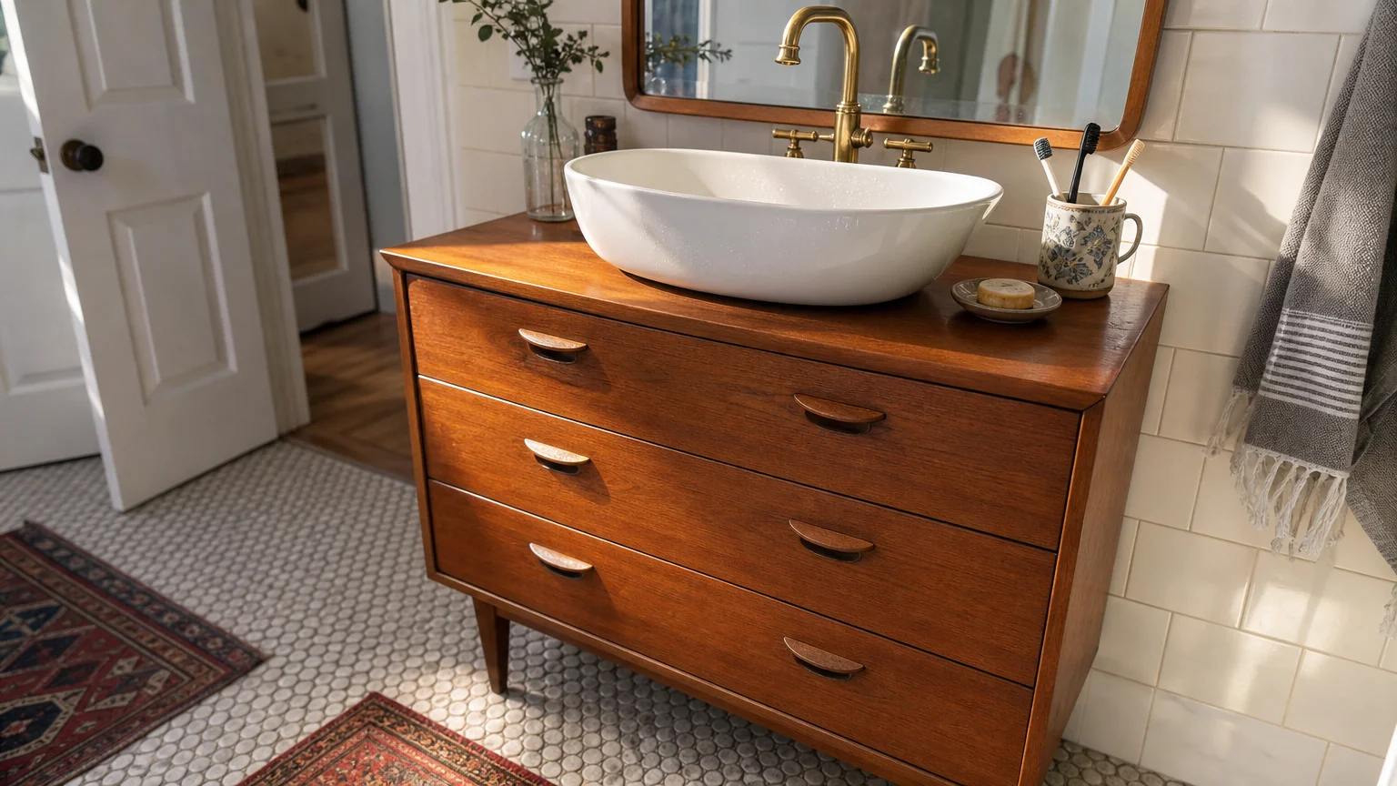 A vintage mid-century modern wooden dresser converted into a functional bathroom vanity with a vessel sink.