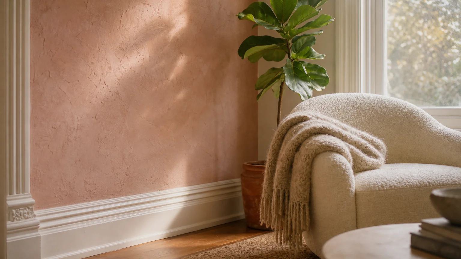A warm 35mm photo of a living room corner with tactile plaster pink walls, Victorian white trim, and a cream boucle armchair.