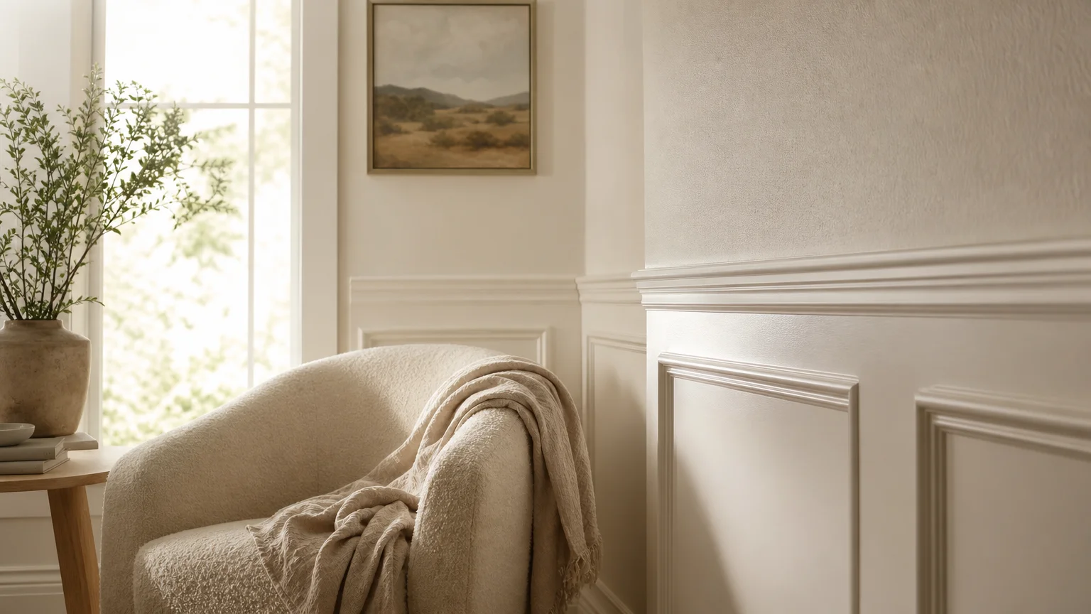 A warm, alabaster-painted living room showing subtle contrast between matte walls and satin wainscoting trim in afternoon sun.