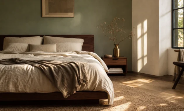 A warm and inviting bedroom with a sage green accent wall, cream linen bedding, walnut furniture, and soft afternoon sunlight.
