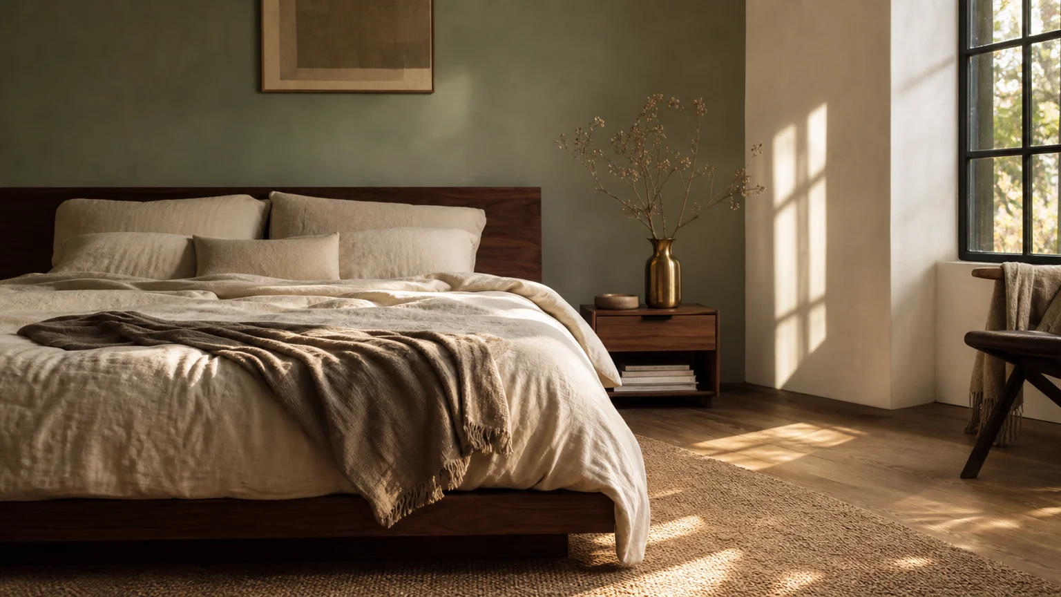 A warm and inviting bedroom with a sage green accent wall, cream linen bedding, walnut furniture, and soft afternoon sunlight.