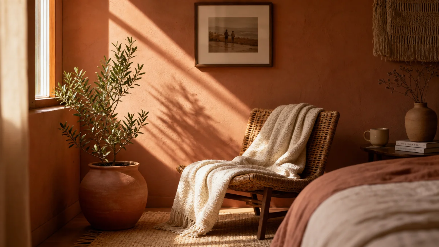 A warm bedroom corner with a terracotta-painted plaster wall, a woven wicker chair, and soft afternoon shadows.