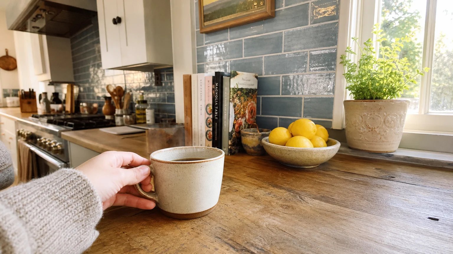 A warm, candid photo of a hand placing a mug on a kitchen counter next to a soft blue-grey tile backsplash.