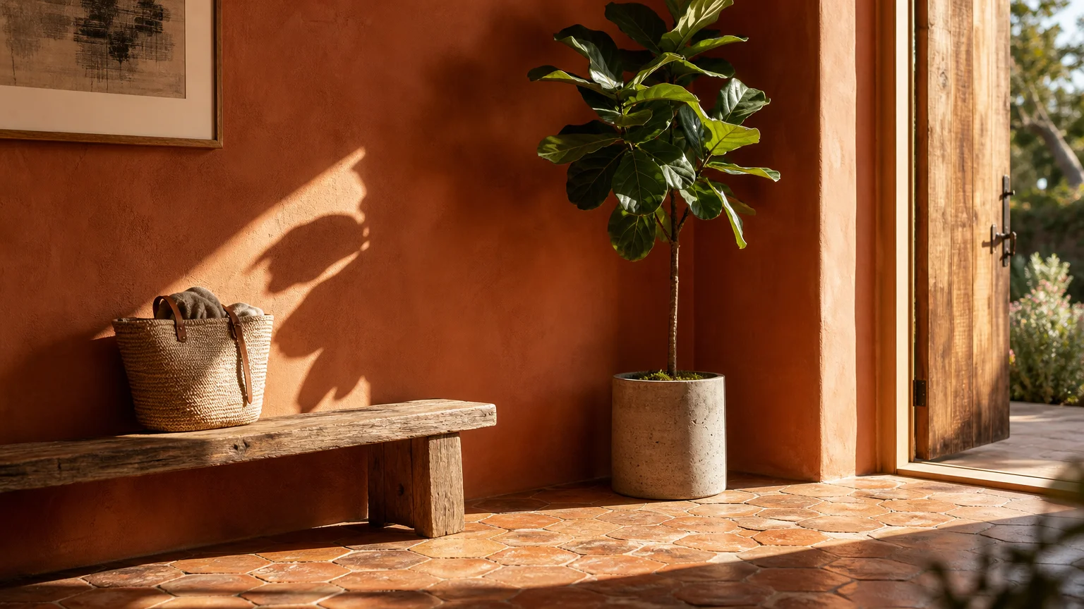 A warm entryway with a sunbaked clay wall, reclaimed terracotta floor tiles, a pine bench, and a vibrant green plant.