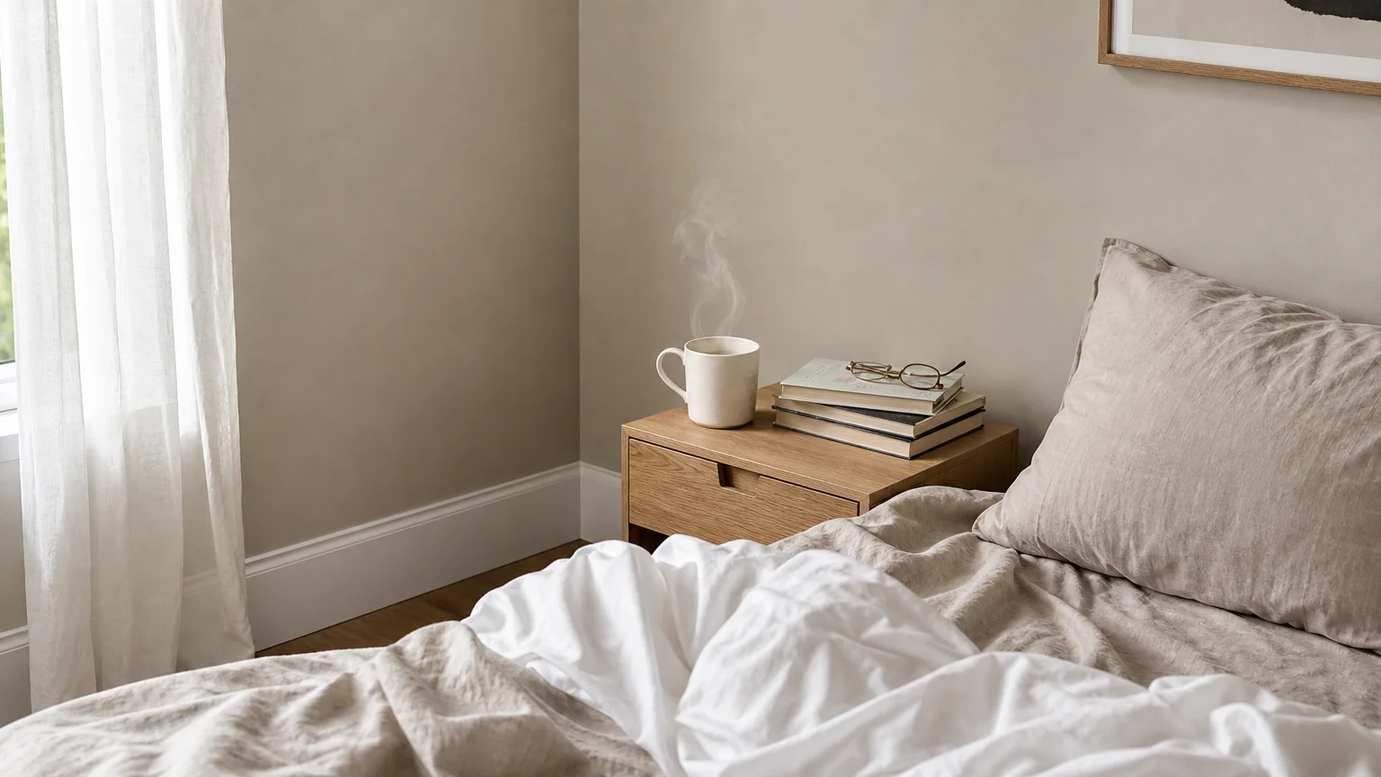 A warm greige bedroom corner with a white baseboard, a light oak bedside table, and messy beige linen bedding in soft morning light.