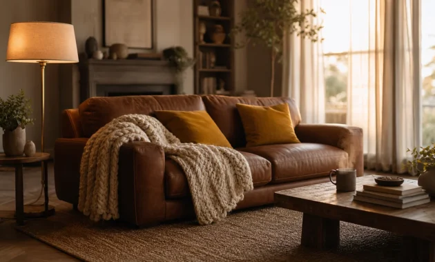 A warm, layered living room with a leather sofa, soft lamps, and textured textiles during golden hour.