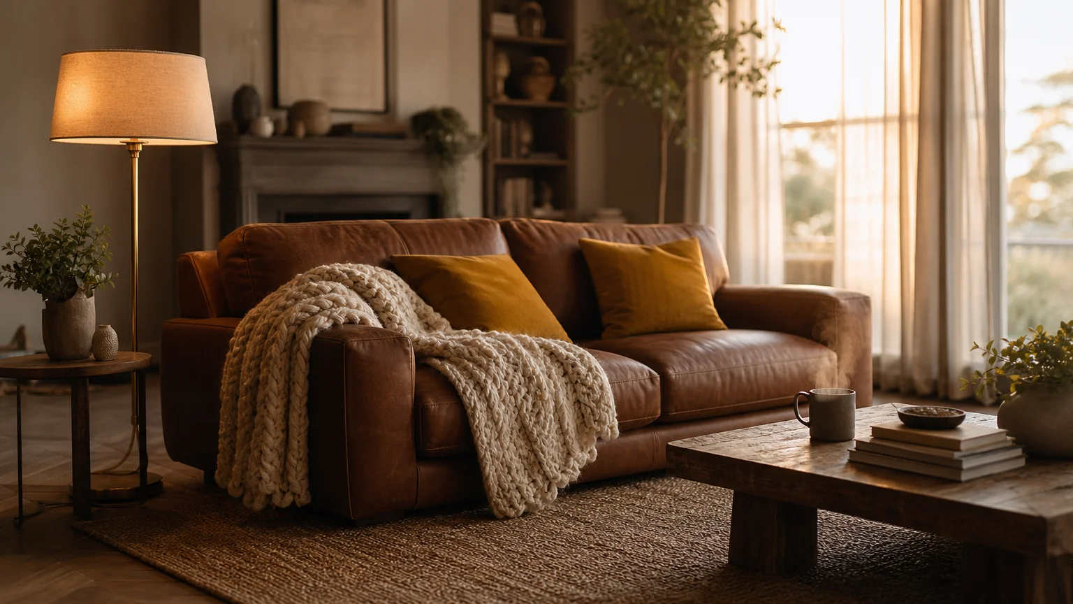 A warm, layered living room with a leather sofa, soft lamps, and textured textiles during golden hour.