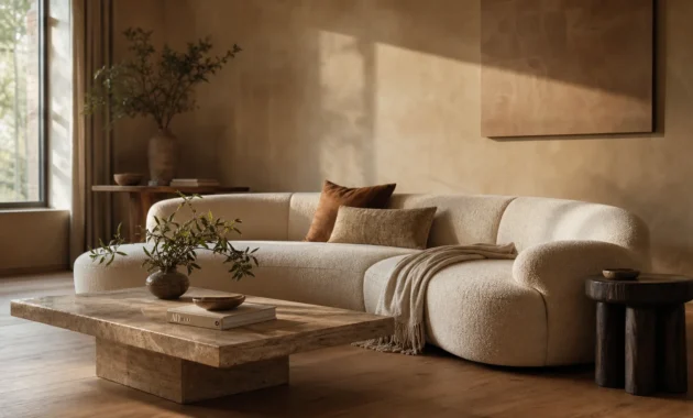 A warm minimalist living room with a curved cream sofa, textured plaster walls, and a stone coffee table in golden hour light.