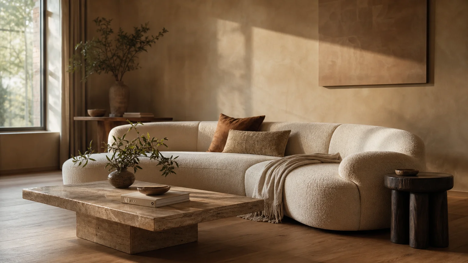 A warm minimalist living room with a curved cream sofa, textured plaster walls, and a stone coffee table in golden hour light.