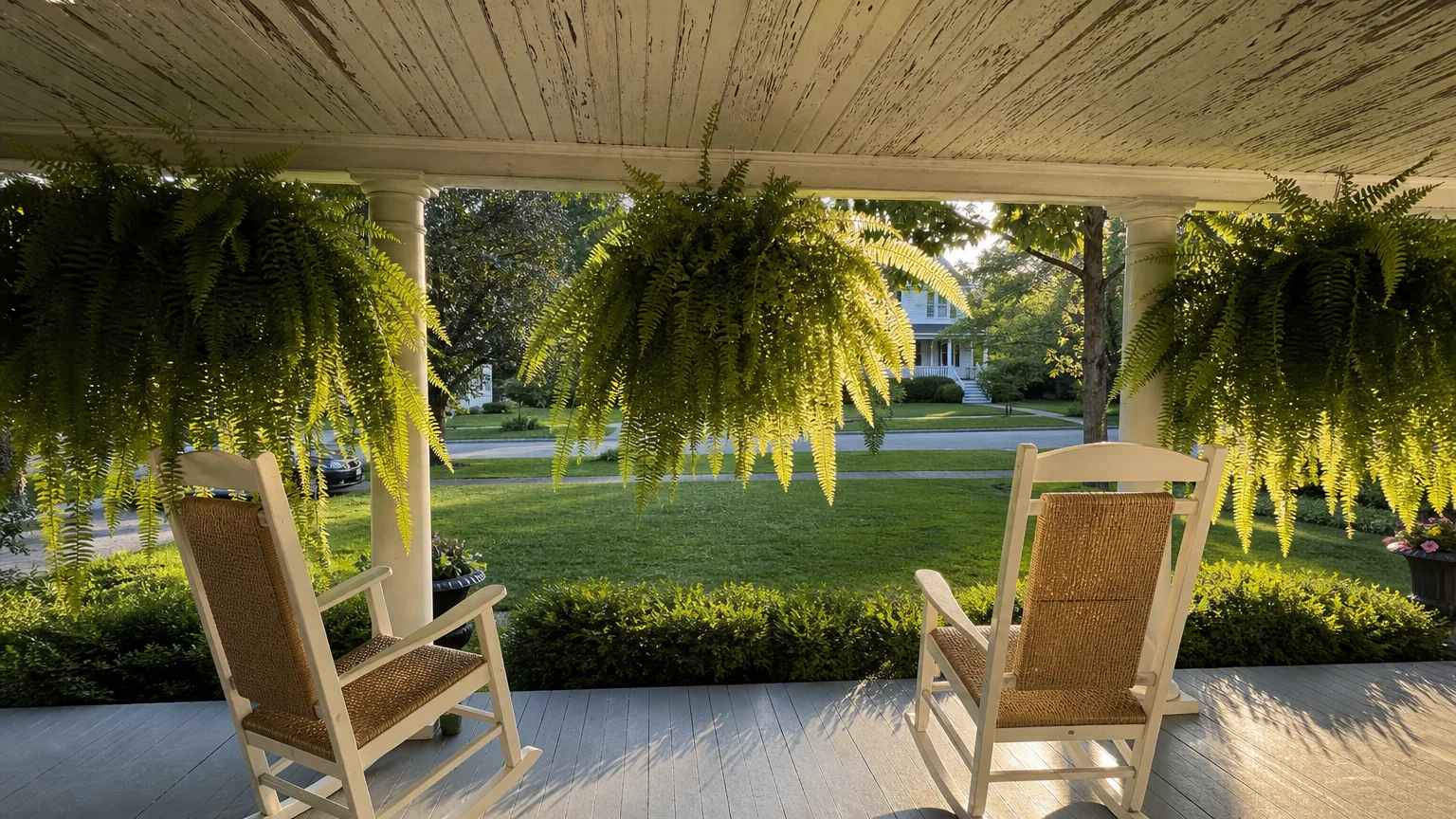 A warm, sunny Southern porch framed by hanging Boston ferns with two white rocking chairs.