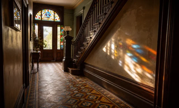 A warm Victorian entryway with geometric encaustic floor tiles, a mahogany staircase, and jewel-toned light from a stained glass transom.