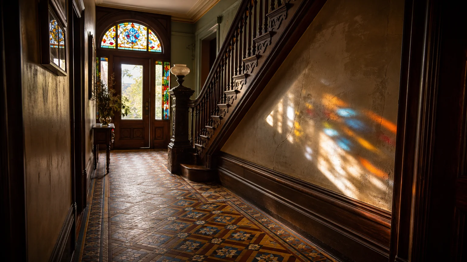 A warm Victorian entryway with geometric encaustic floor tiles, a mahogany staircase, and jewel-toned light from a stained glass transom.