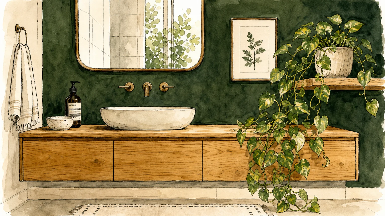 A warm watercolor illustration of a forest green wall behind a natural oak vanity with trailing green plants.