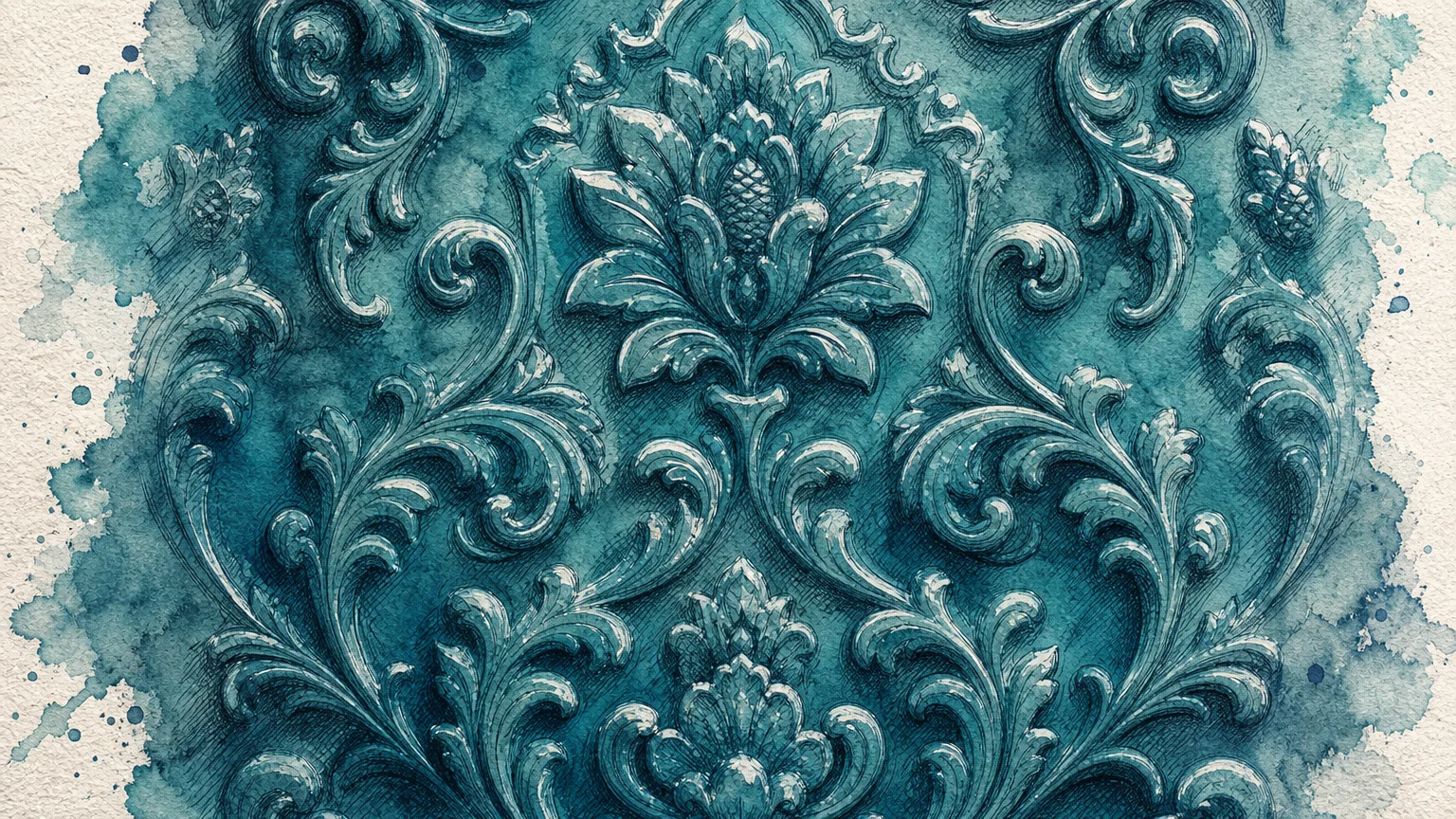 A watercolor and ink illustration depicting the raised damask texture of deep teal Lincrusta embossed wallcovering.