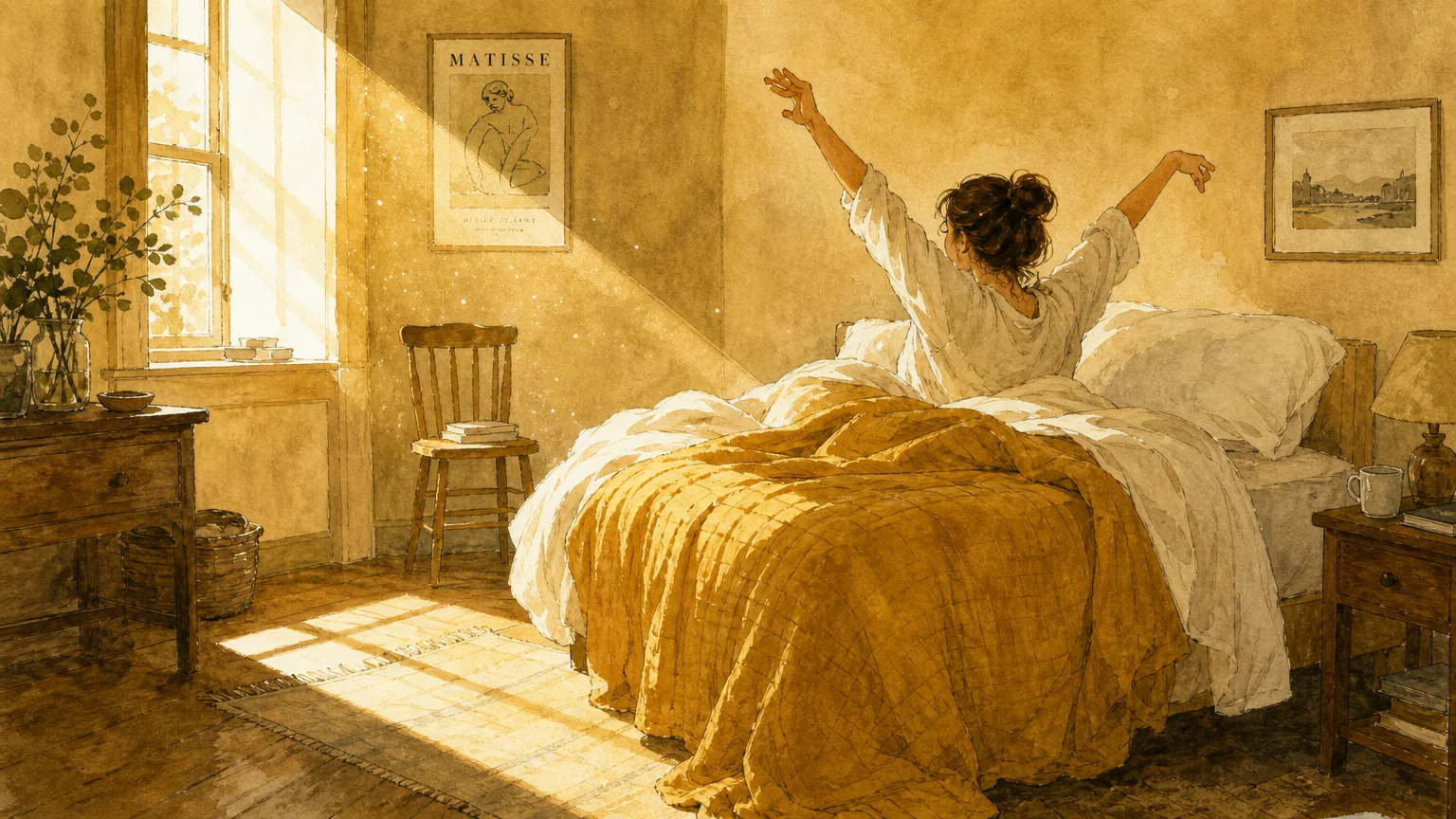 A watercolor illustration of a cozy bedroom with warm ochre tones and a soft morning sunbeam cutting across the floor.