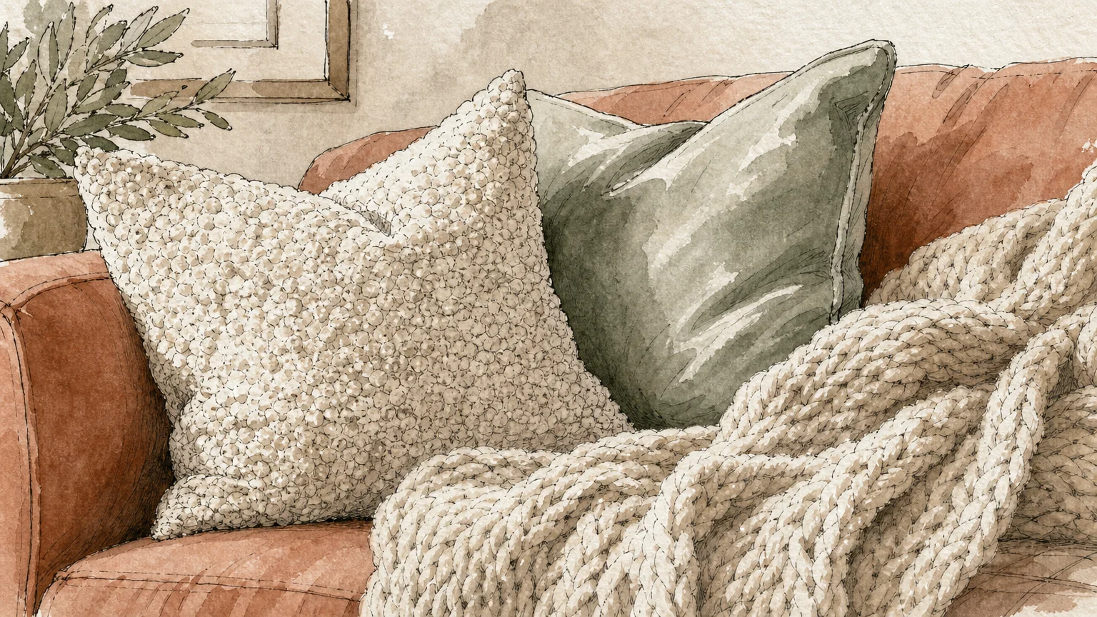 A watercolor illustration of various textured pillows and a knitted throw blanket layered on a sofa.