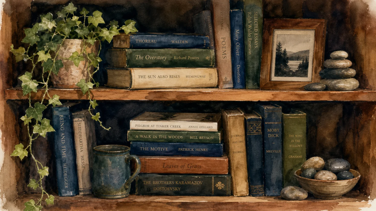 A watercolor painting of a bookshelf filled with books, a small plant, and personal mementos.