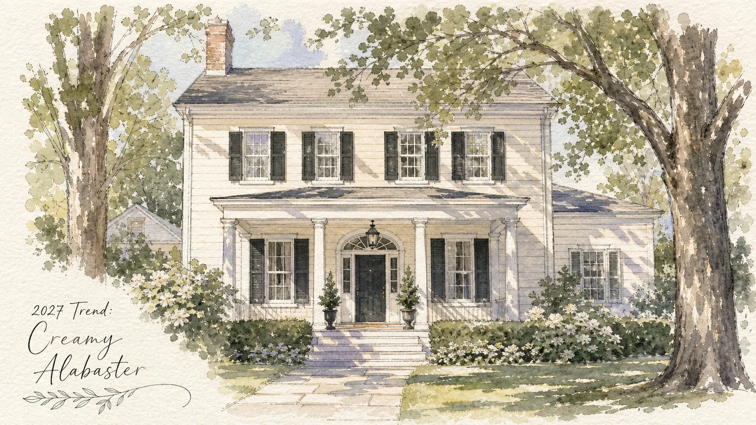A watercolor sketch of a classic white colonial home with warm creamy undertones and soft green trees.