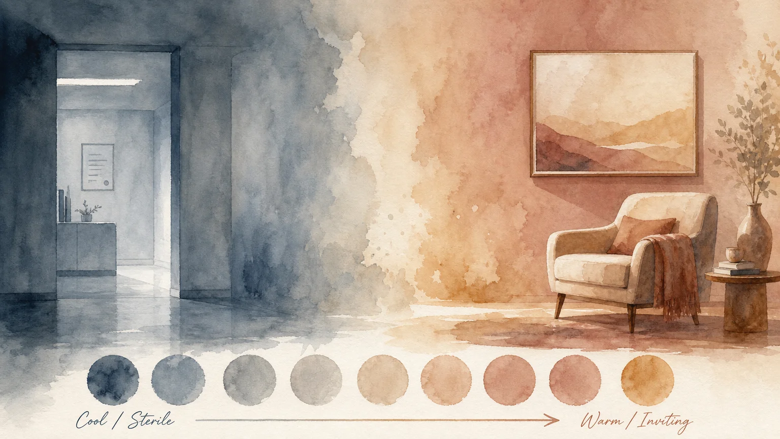 A watercolor transition from a cold blue color palette to a warm terracotta and cream palette in a room.