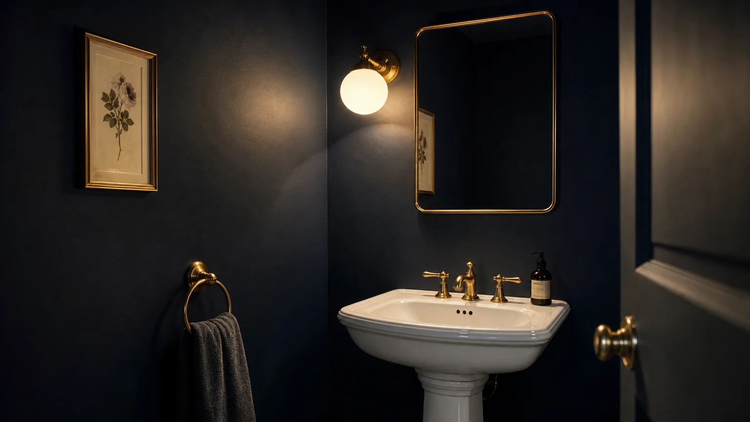 A white porcelain pedestal sink stands in high contrast against a deep, matte midnight navy wall, illuminated by a warm brass sconce.