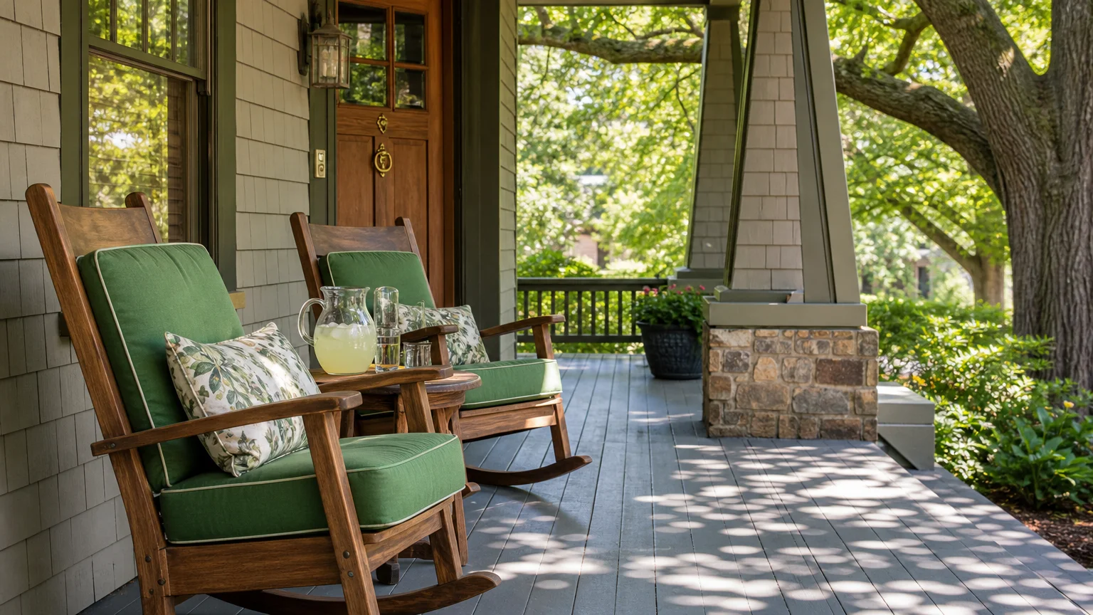 A wide, shaded front porch with wooden rocking chairs and dappled sunlight filtering through trees.