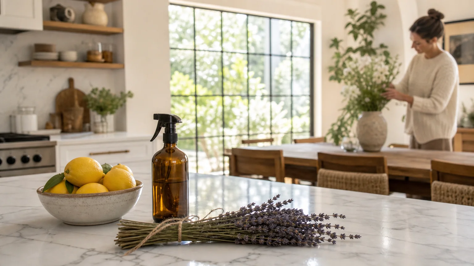 A wide shot of a bright modern kitchen with an amber spray bottle, lavender, and lemons on a marble counter, with a soft-focus background.