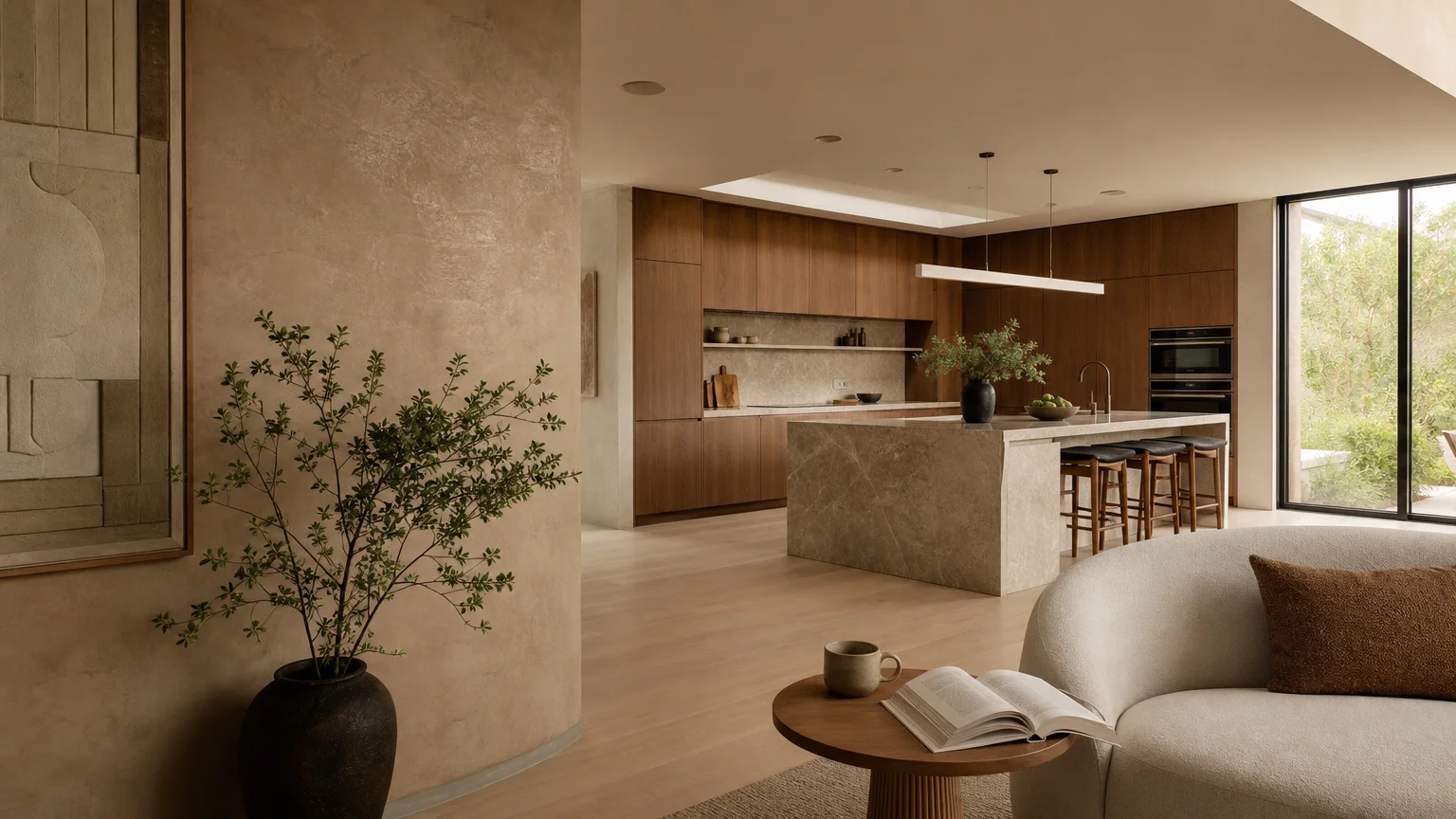 A wide view of a home interior combining plaster walls, wood cabinets, and curved furniture in a cohesive, warm minimalist style.
