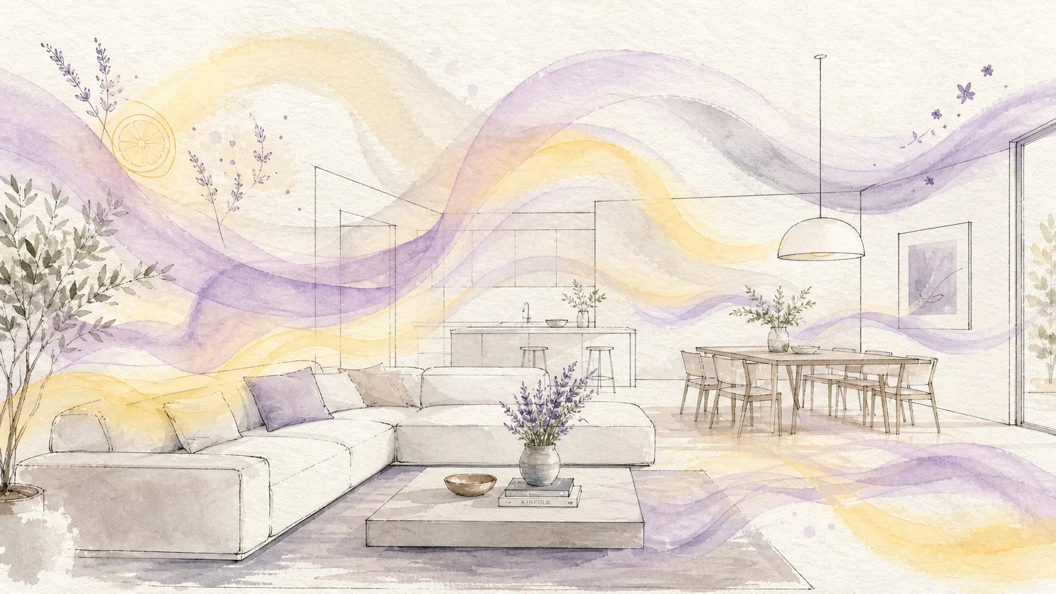 An abstract gouache illustration with flowing pastel lavender and yellow waves drifting through a minimalist sketched living room.