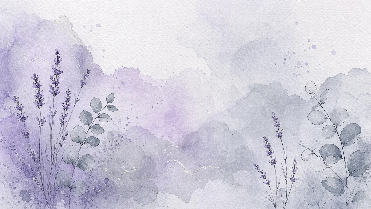 An abstract watercolor painting featuring soft washes of lavender and haze gray blended with delicate botanical line drawings.