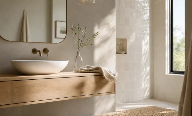 An airy, small bathroom featuring a floating oak vanity, a white ceramic sink, and glossy ivory tiles reflecting natural morning light.