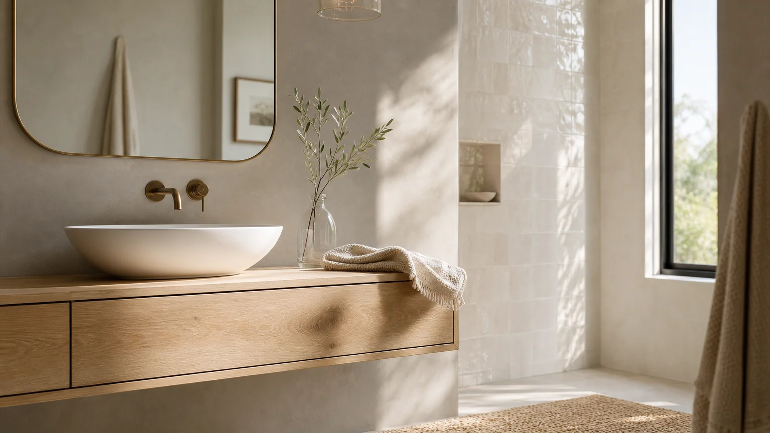 An airy, small bathroom featuring a floating oak vanity, a white ceramic sink, and glossy ivory tiles reflecting natural morning light.