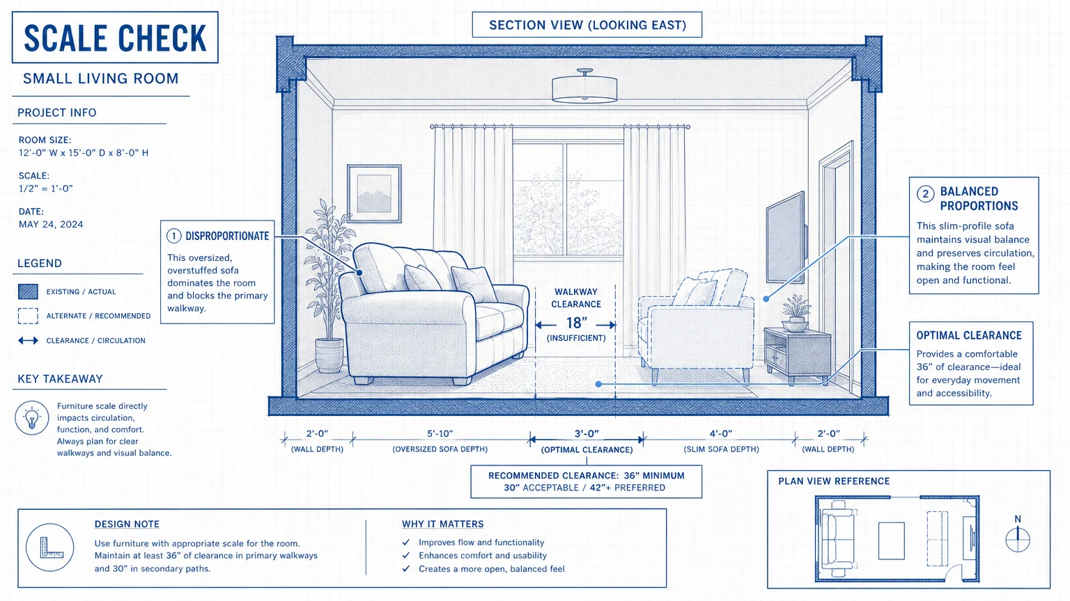An architectural diagram comparing a bulky sofa that blocks a room to a properly scaled sofa.