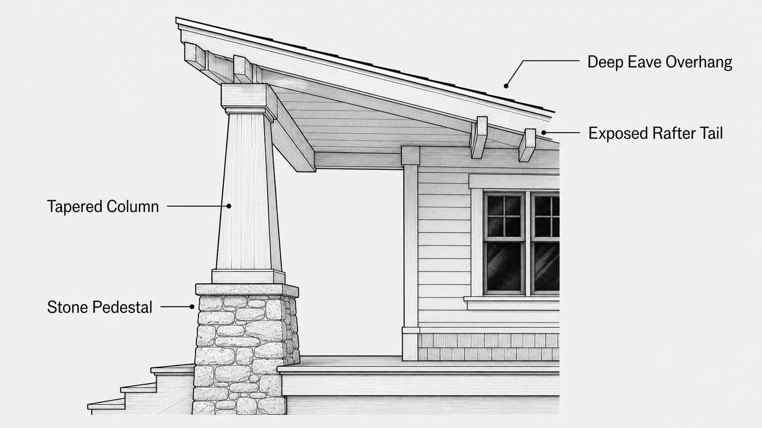 An architectural diagram labeling the tapered column, stone pedestal, and overhanging eaves of a porch.