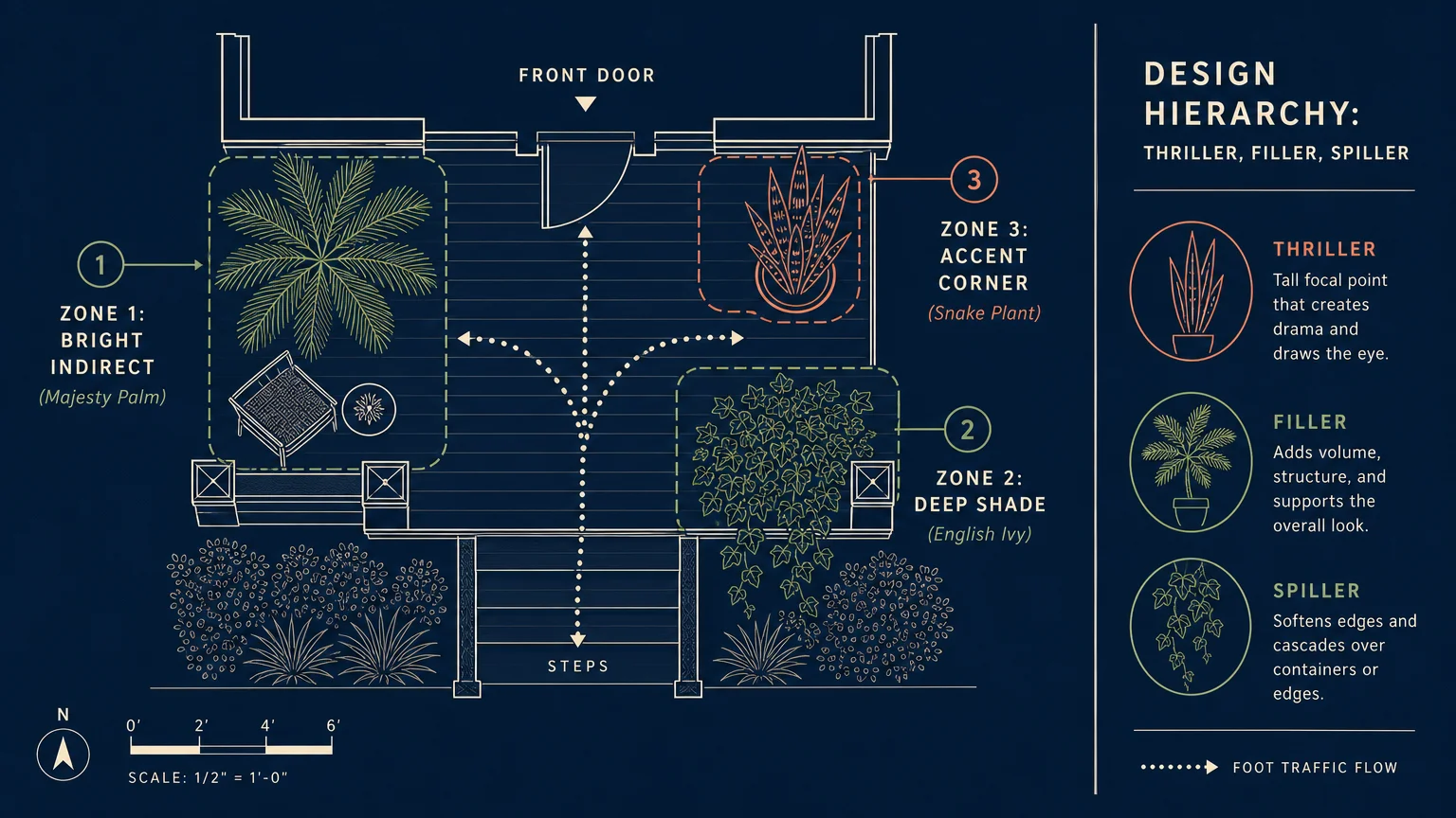 An architectural diagram showing plant placement zones on a front porch layout.