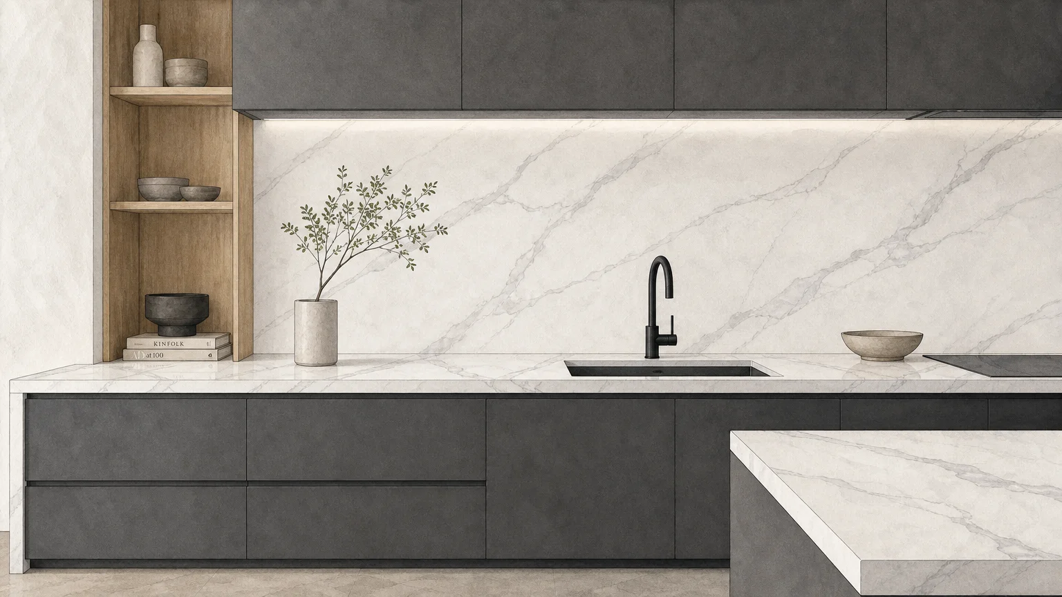 An architectural illustration of a seamless white quartz backsplash and countertop in a minimalist modern kitchen.