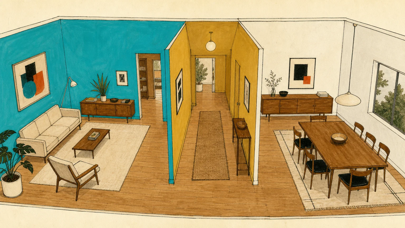 An architectural illustration of an open-plan home showing jarring paint color transitions between three connected rooms.