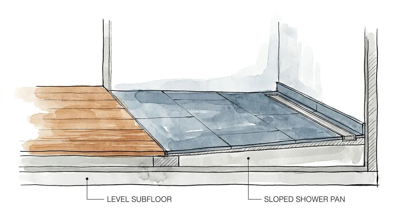 An architectural watercolor diagram showing the cross-section of a seamless, curbless shower floor with a linear drain.