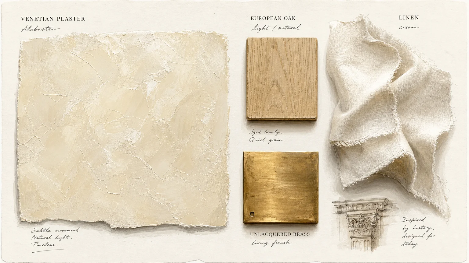 An artistic gouache flat-lay illustration featuring alabaster plaster paint swatches, light oak wood, unlacquered brass, and cream linen.