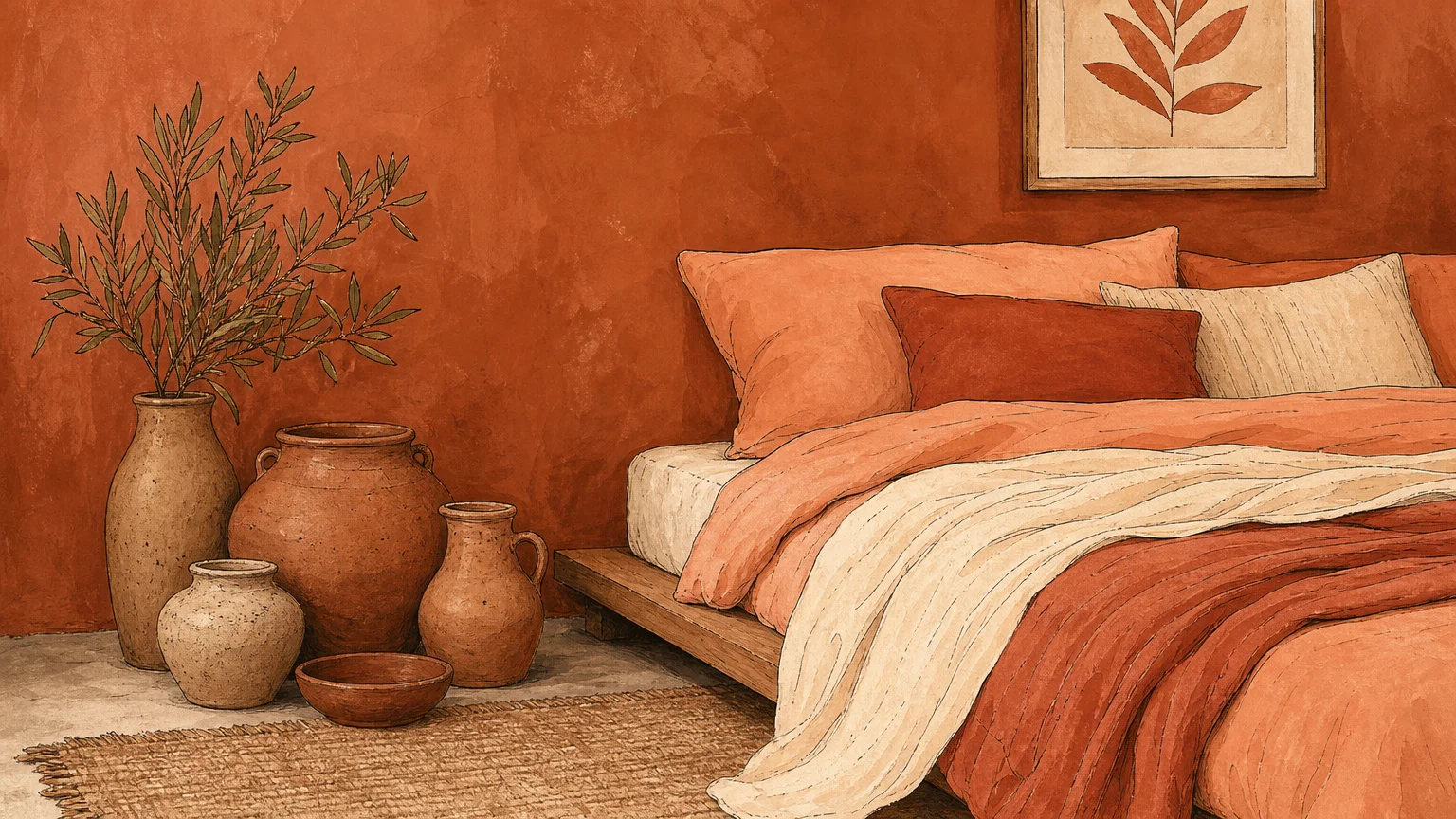 An artistic gouache illustration of a bedroom corner with terracotta walls, clay-colored linens, and rustic ceramic vessels.